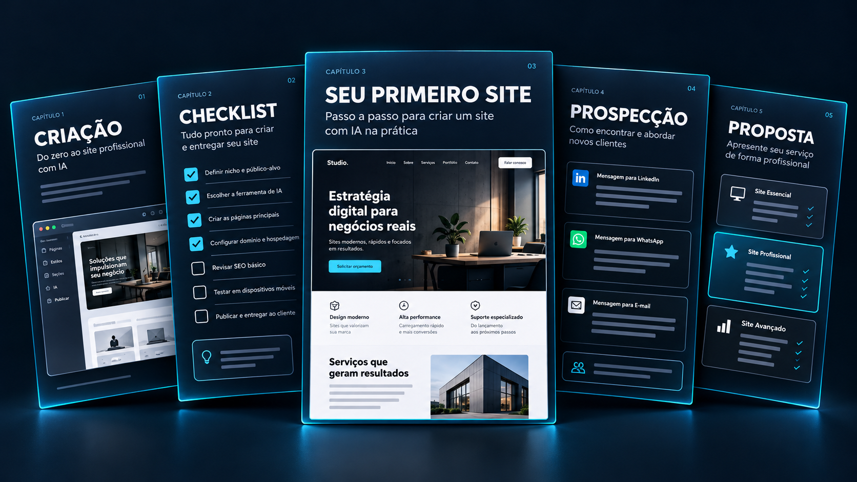 Capítulos do guia: criação, checklist, seu primeiro site, prospecção e proposta
