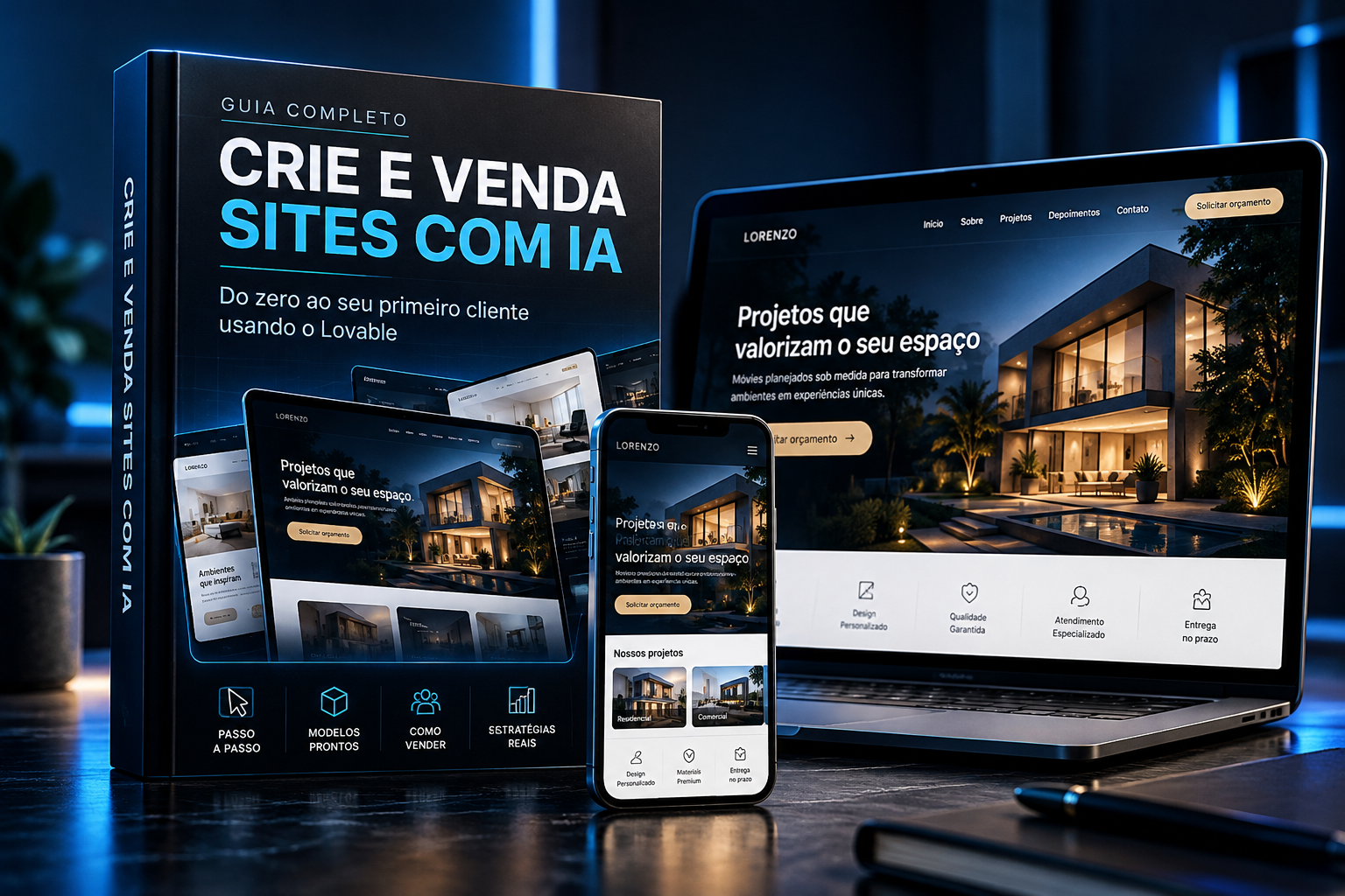 Guia em formato de livro, com o mesmo site mostrando no celular e no notebook